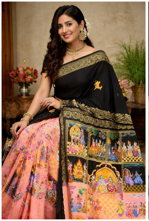 Ramayan Theme Hand-Painted Pattachitra Saree - Image 5