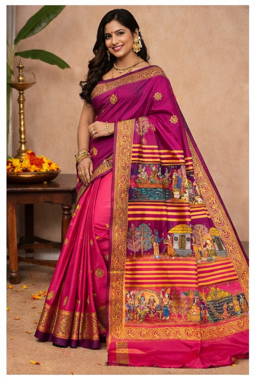 Ramayan Theme Hand-Painted Pattachitra Saree - Image 2