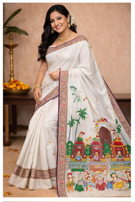 White Shree Jagannath Ratha Yatra Hand-Painted Pattachitra Saree - Image 2