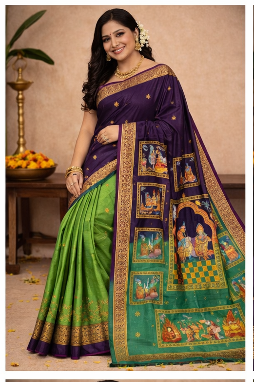 Purple Green Ramayan Theme Hand-Painted Pattachitra Saree, - Image 2