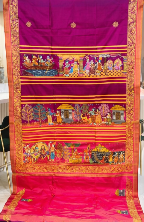 Ramayan Theme Hand-Painted Pattachitra Saree - Image 3