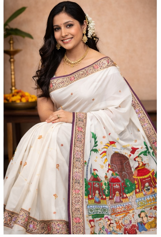 White Shree Jagannath Ratha Yatra Hand-Painted Pattachitra Saree - Image 3