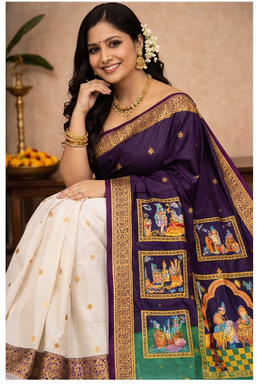 Purple Green Ramayan Theme Hand-Painted Pattachitra Saree, - Image 3