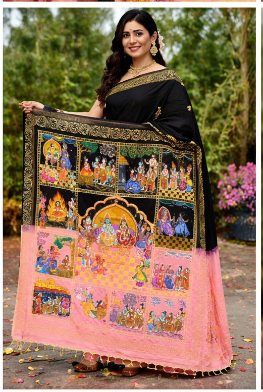 Ramayan Theme Hand-Painted Pattachitra Saree - Image 3