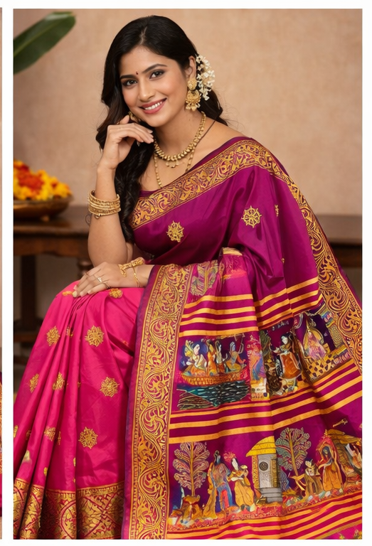 Ramayan Theme Hand-Painted Pattachitra Saree - Image 4