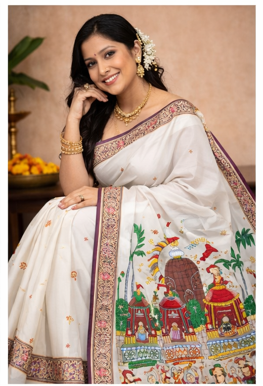 White Shree Jagannath Ratha Yatra Hand-Painted Pattachitra Saree - Image 4