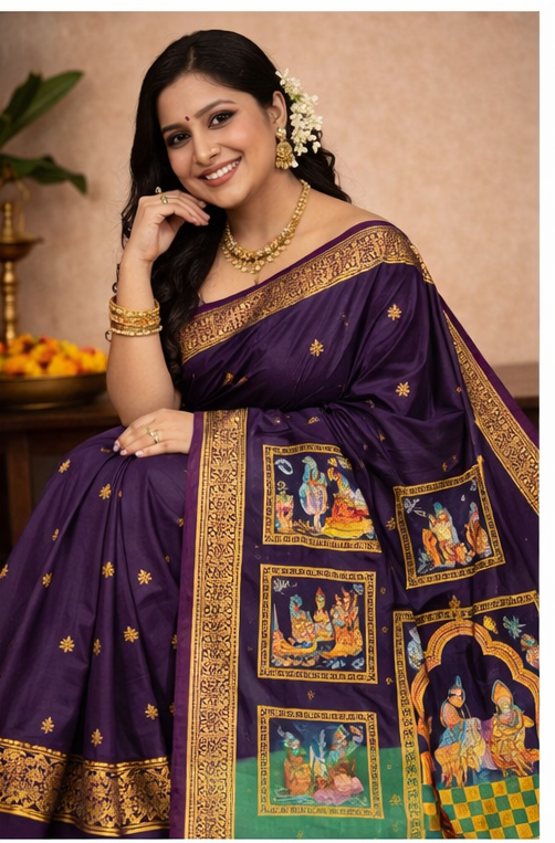 Purple Green Ramayan Theme Hand-Painted Pattachitra Saree, - Image 4