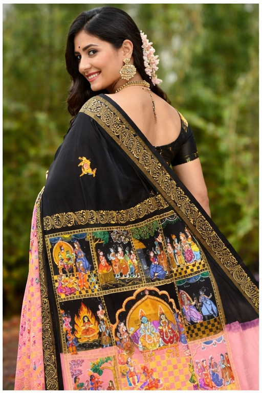 Ramayan Theme Hand-Painted Pattachitra Saree - Image 2