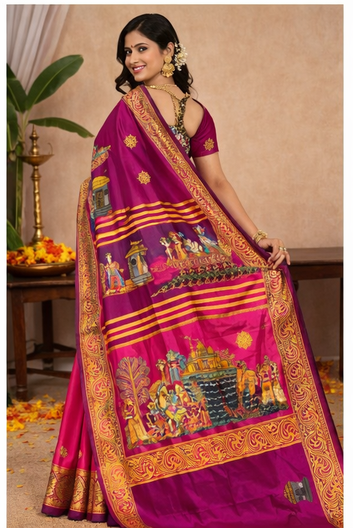 Ramayan Theme Hand-Painted Pattachitra Saree - Image 5