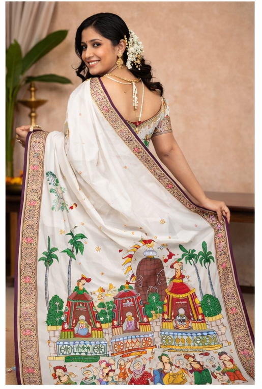 White Shree Jagannath Ratha Yatra Hand-Painted Pattachitra Saree - Image 5
