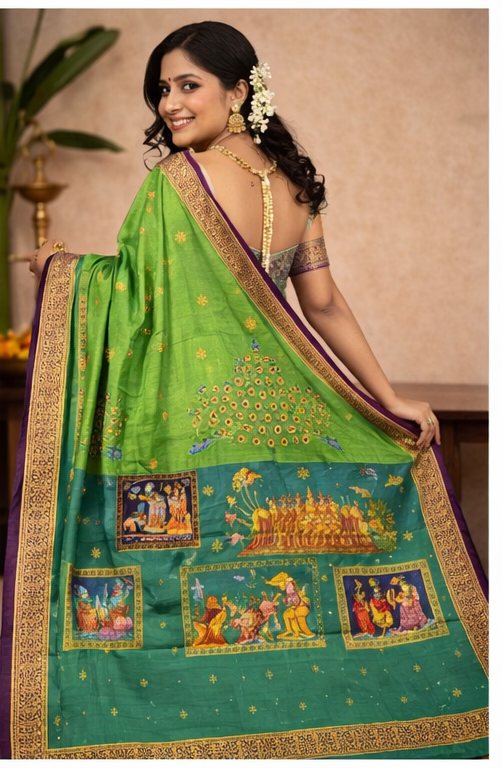 Purple Green Ramayan Theme Hand-Painted Pattachitra Saree, - Image 5