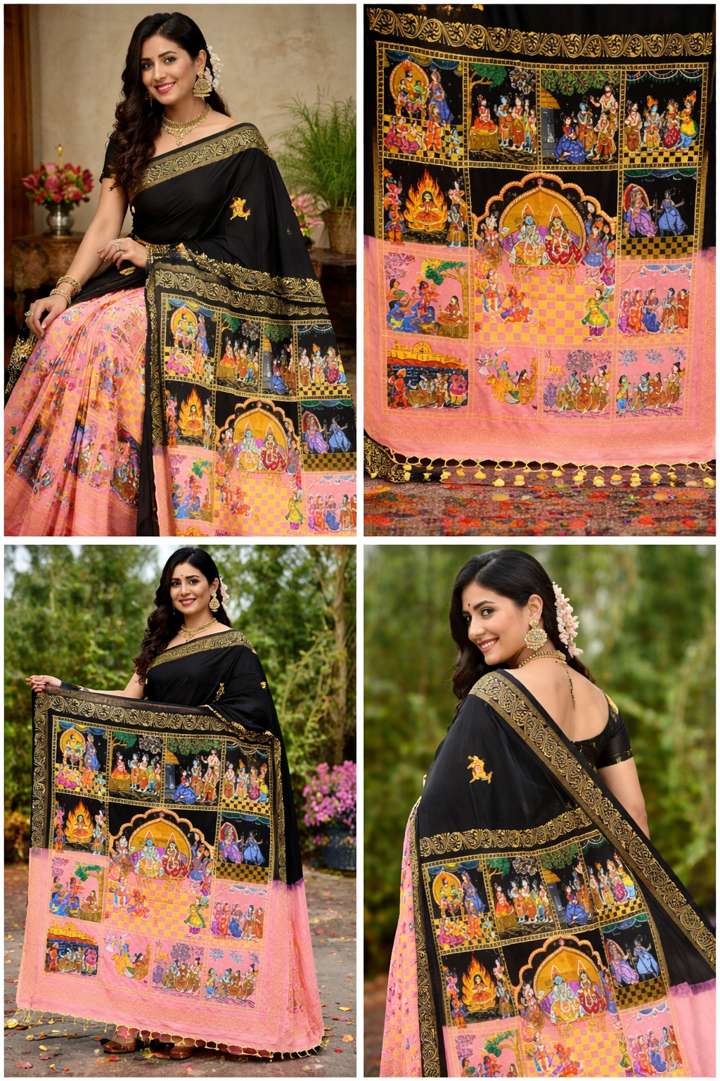 Ramayan Theme Hand-Painted Pattachitra Saree