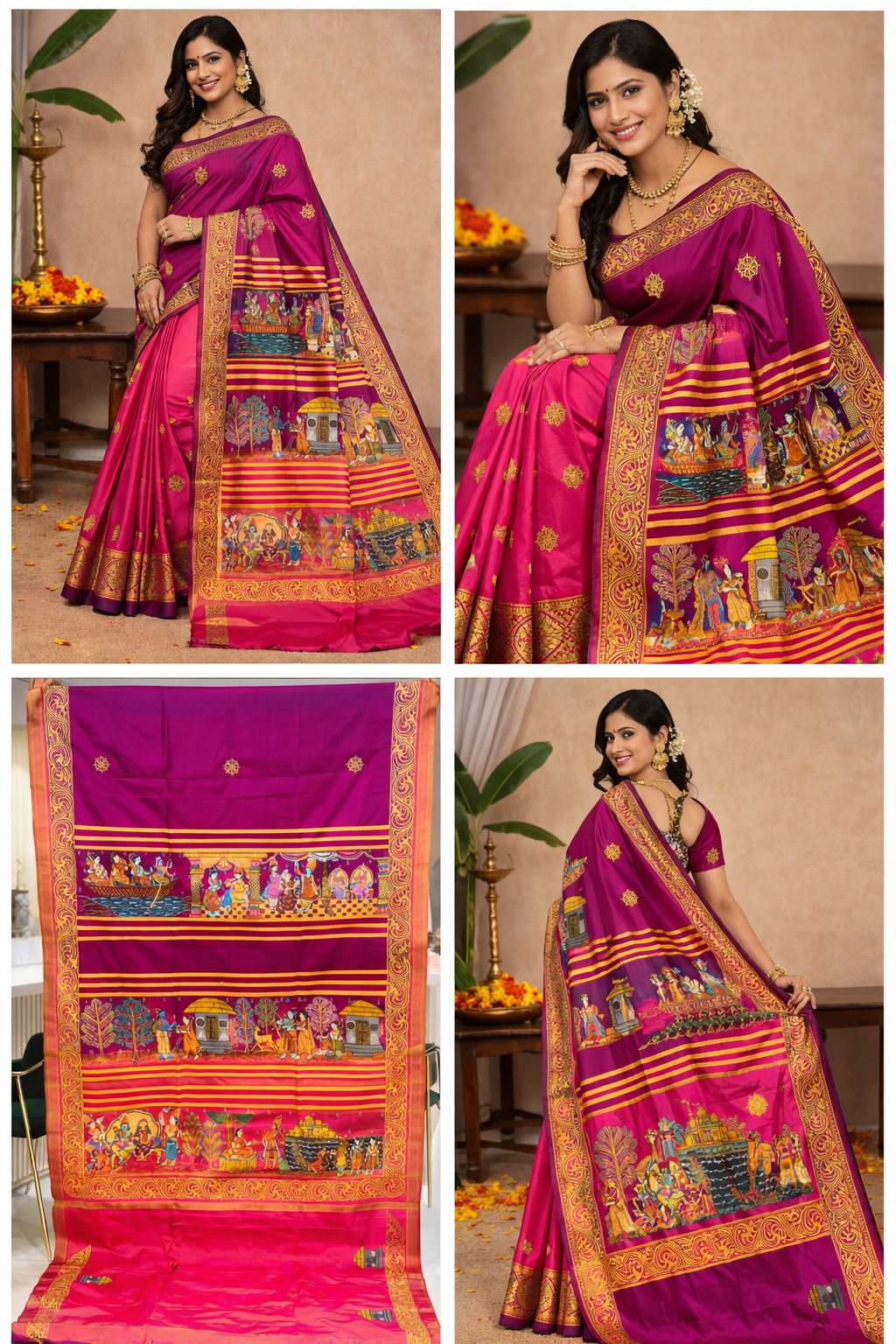 Ramayan Theme Hand-Painted Pattachitra Saree