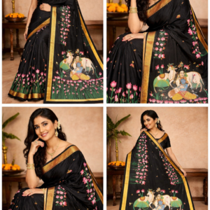 Black Hand-Painted Pichwai Pattachitra Saree