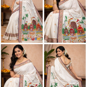White Shree Jagannath Ratha Yatra Hand-Painted Pattachitra Saree