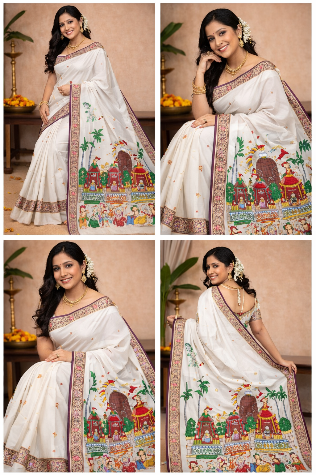 White Shree Jagannath Ratha Yatra Hand-Painted Pattachitra Saree