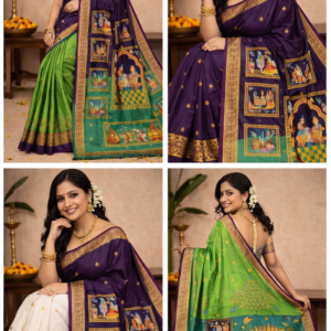 Purple Green Ramayan Theme Hand-Painted Pattachitra Saree,