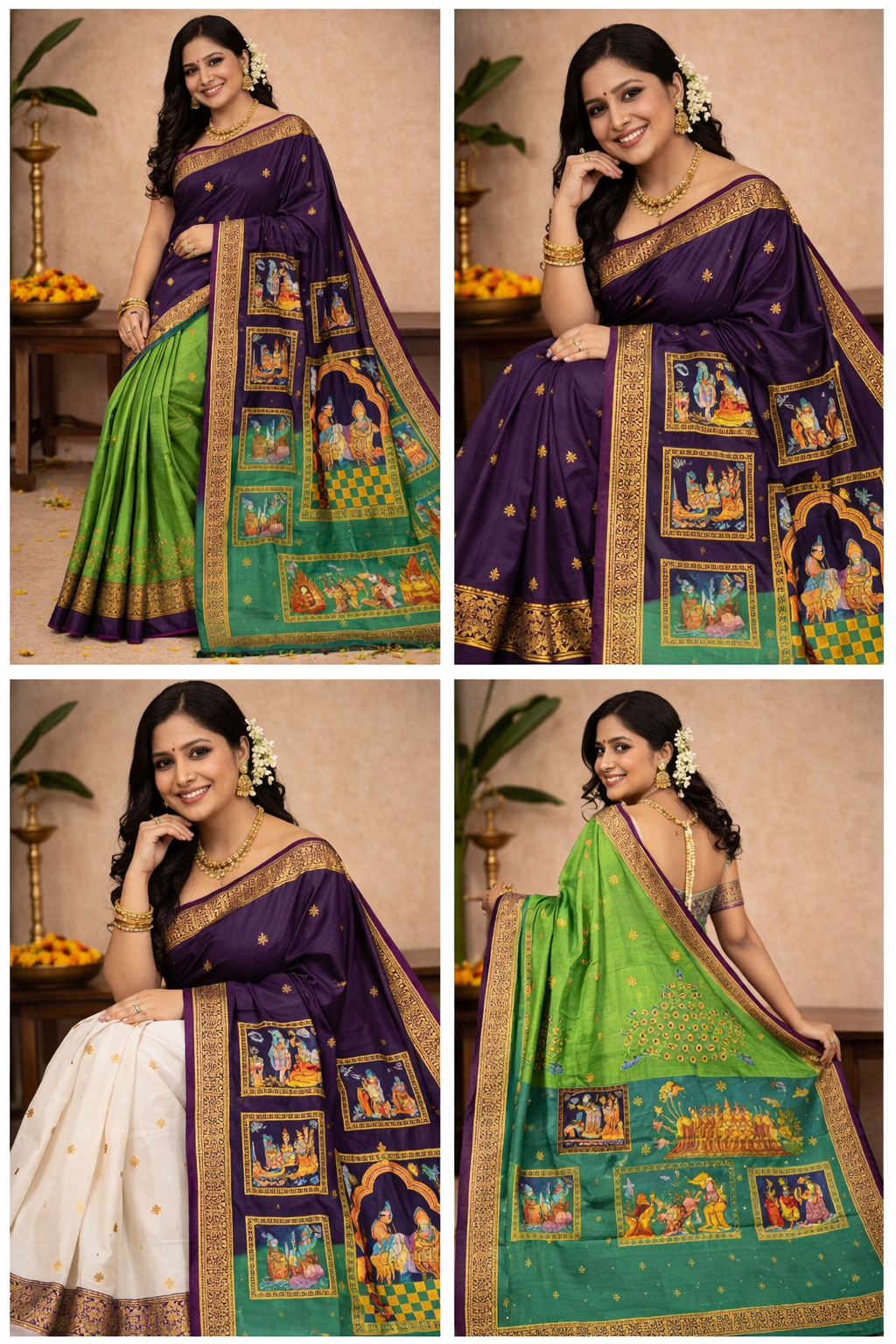 Purple Green Ramayan Theme Hand-Painted Pattachitra Saree,