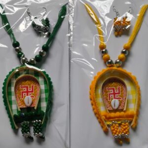 Handmade Swastik Cowrie Pendant Necklace Set – Black & Silver Spiritual Jewelry